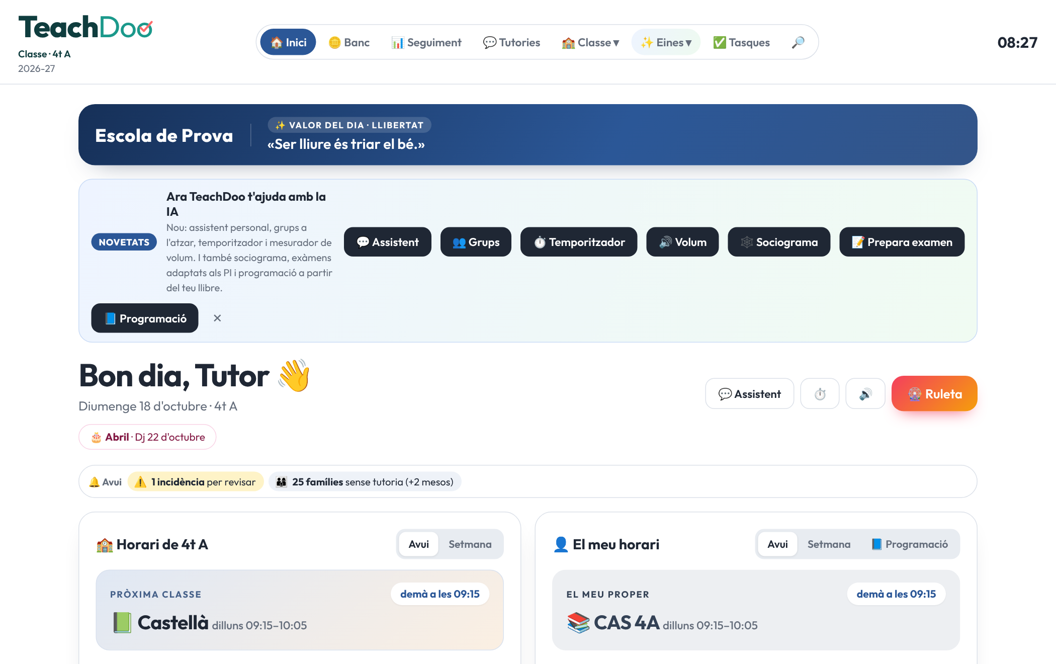 Pantalla de inicio del panel del tutor: horario de la clase, horario propio, avisos y accesos directos