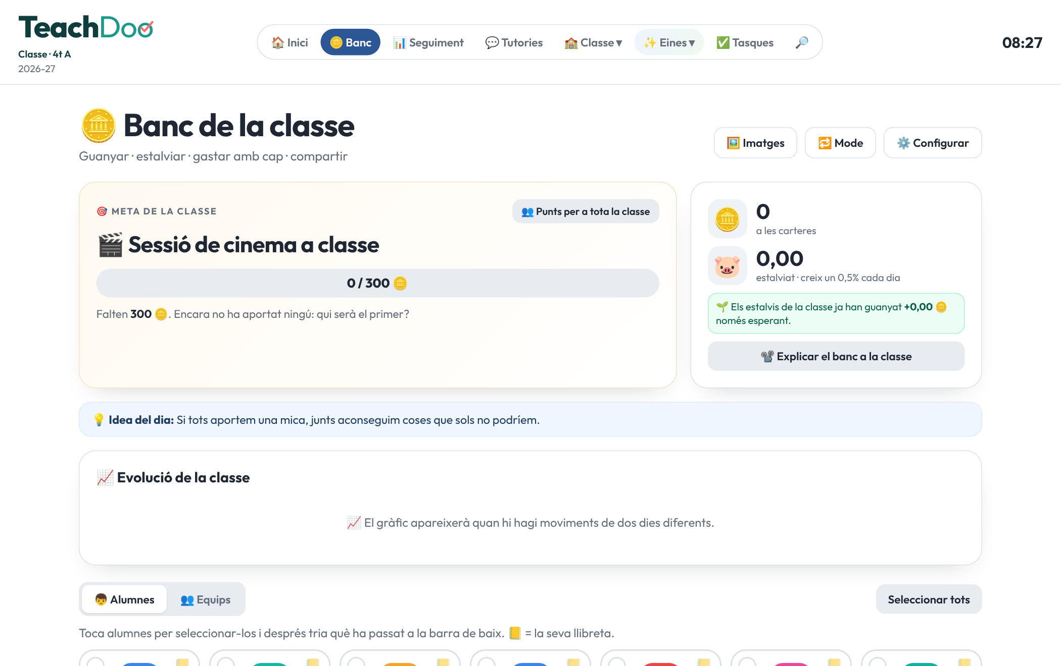 Pantalla de puntos y banco de la clase